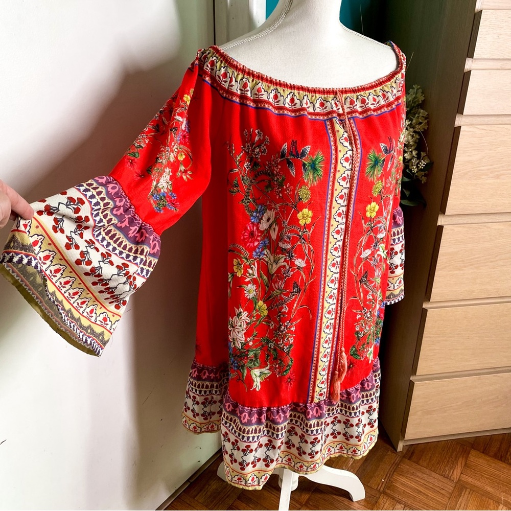 Umgee Red Floral Off the Shoulder Dress L